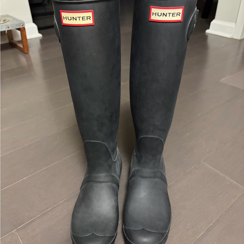 Hunter Matte Black Tall Waterproof Rain Boots with Red Logo